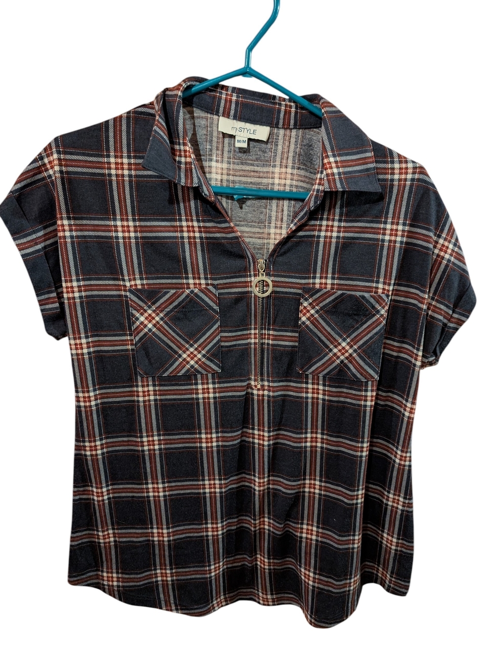 Women's Navy Plaid Zip-Front Shirt